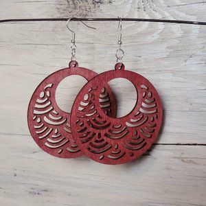 Wood Earrings - Red Waves